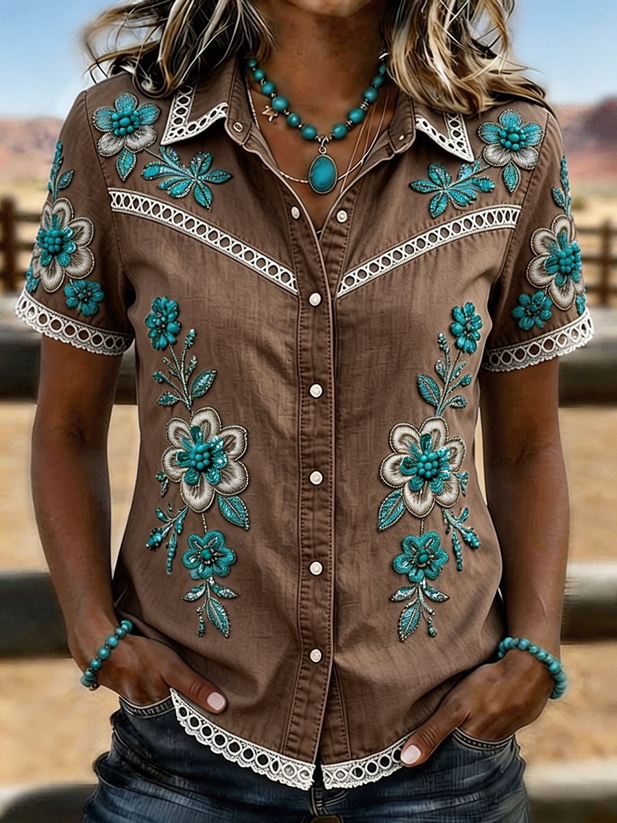 Camisa vaquera western bohemia para mujer con bordado floral y ribete de encaje