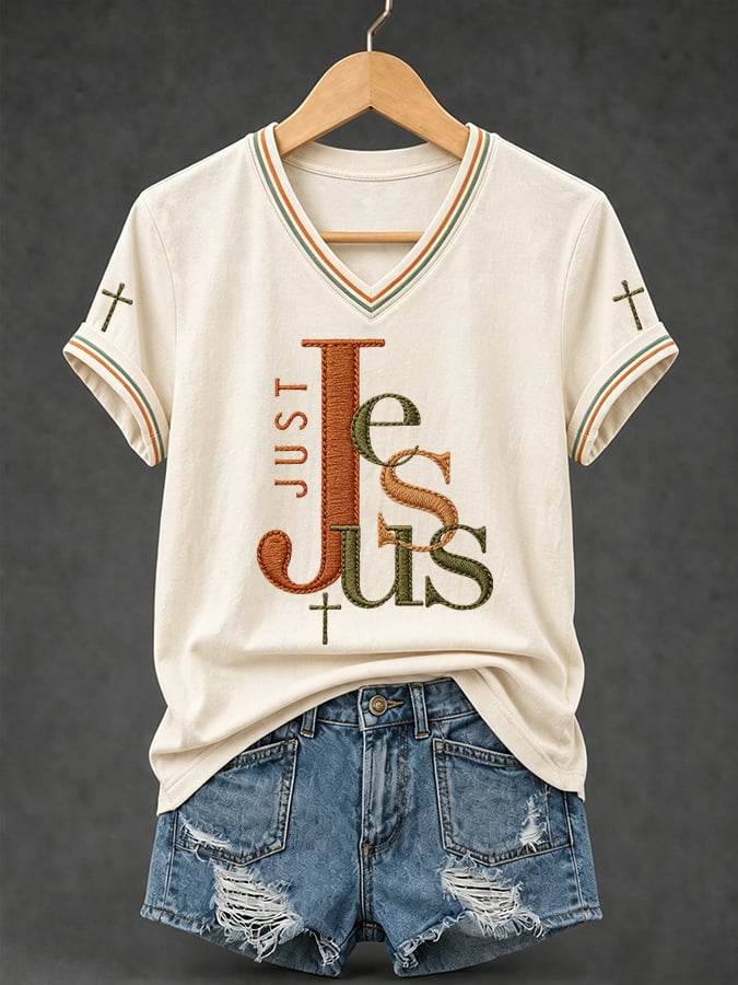 Damen T-Shirt mit V-Ausschnitt und "Just Jesus"-Print