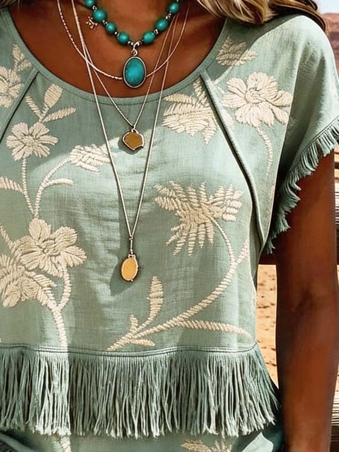 Women'S Casual Tassel Patchwork Printed Top
