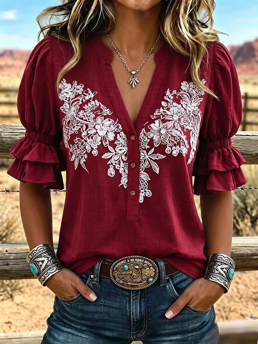 Camisa informal para mujer con estampado de arte vintage y mangas abullonadas