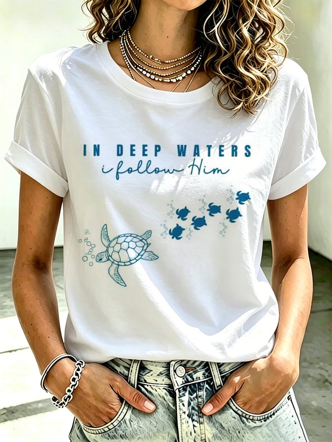 Damen Strandurlaub Und Freizeit Meeresschildkröte In Tiefen Gewässern Ich Folge Ihm Glaubensdruck T-Shirt