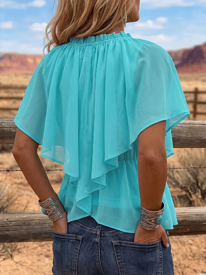 Women'S V-Neck Solid Color Top With Ruffled Trim