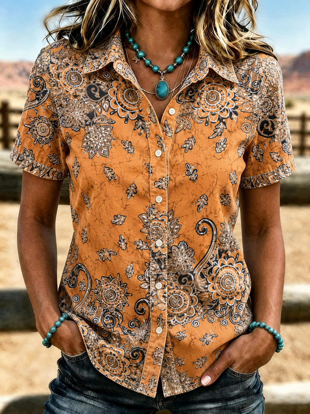 Camisa abotonada de manga corta de mujer con estampado floral étnico retro vintage de estilo vaquero y solapa