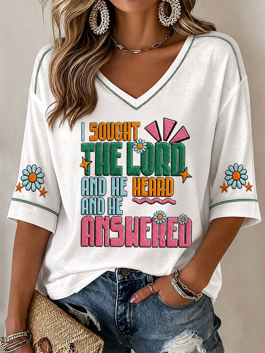 Camiseta con estampado «Busqué al Señor, él me oyó y respondió» para mujer