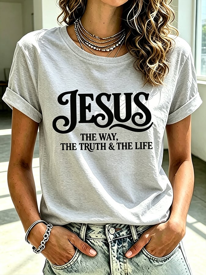 Parte superior estampada de fe con cruz para mujer: «Jesús, el camino, la verdad y la vida»