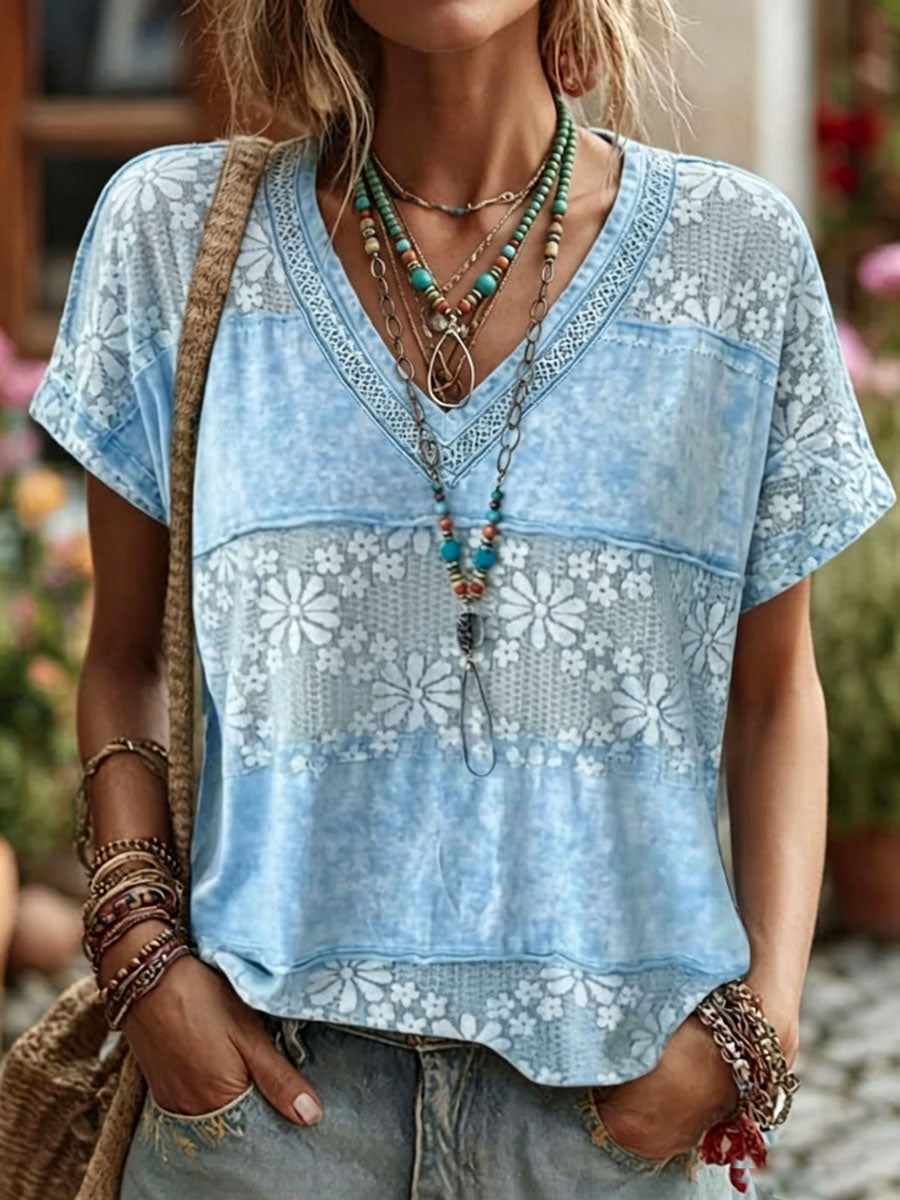 Top informal de algodón y lino con estampado floral y manga corta para mujer