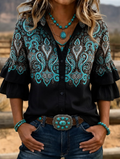 Women's Western Paisley Gradient Double Ruffle Bell Sleeve Button Down Shirt