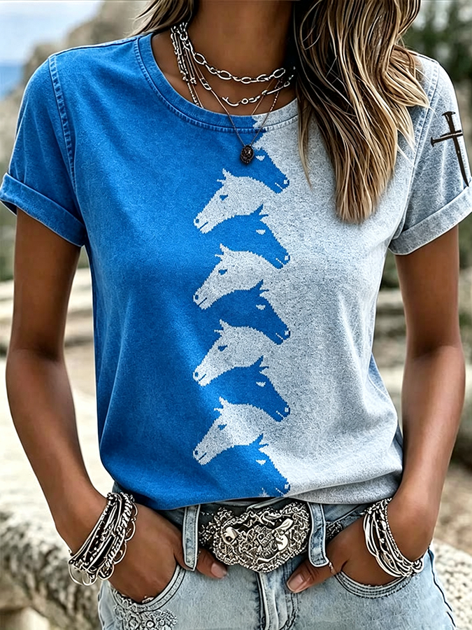Women'S Western Style Animal Cross Round Neck T-Shirt