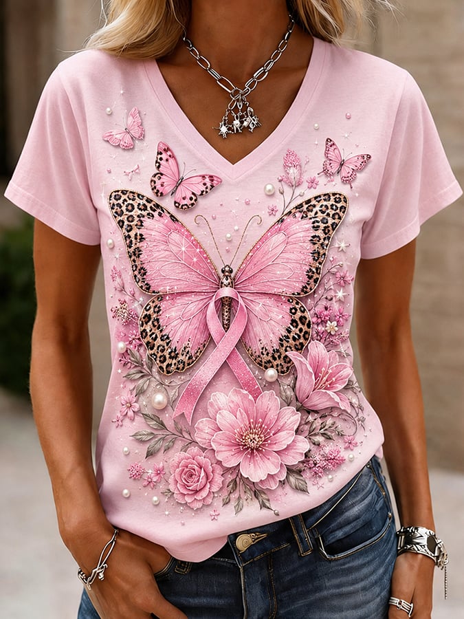 Women's Retro Pink Ribbon Breast Cancer Awareness Print Comfortable T-Shirt