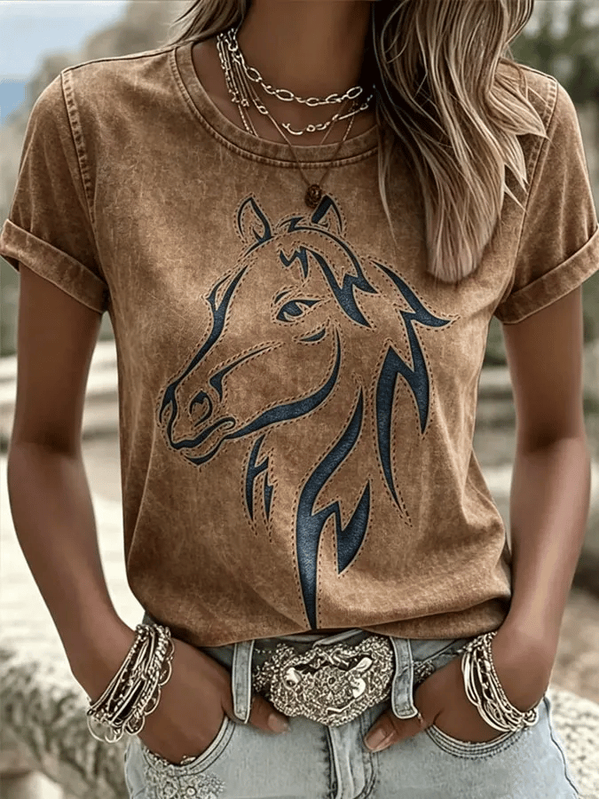 Women's Retro Western Style Print T-shirt