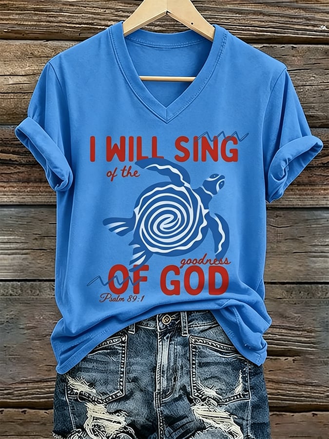 Camiseta estampada de fe para mujer, ideal para vacaciones y ocio en la playa, con tortuga marina y el mensaje «Cantaré de la bondad de Dios»