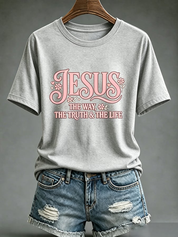 Parte superior estampada de fe con cruz para mujer: «Jesús, el camino, la verdad y la vida»