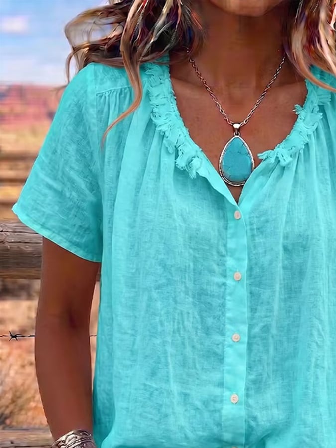 Women's Casual Round Neck Frayed Cotton Linen Shirt
