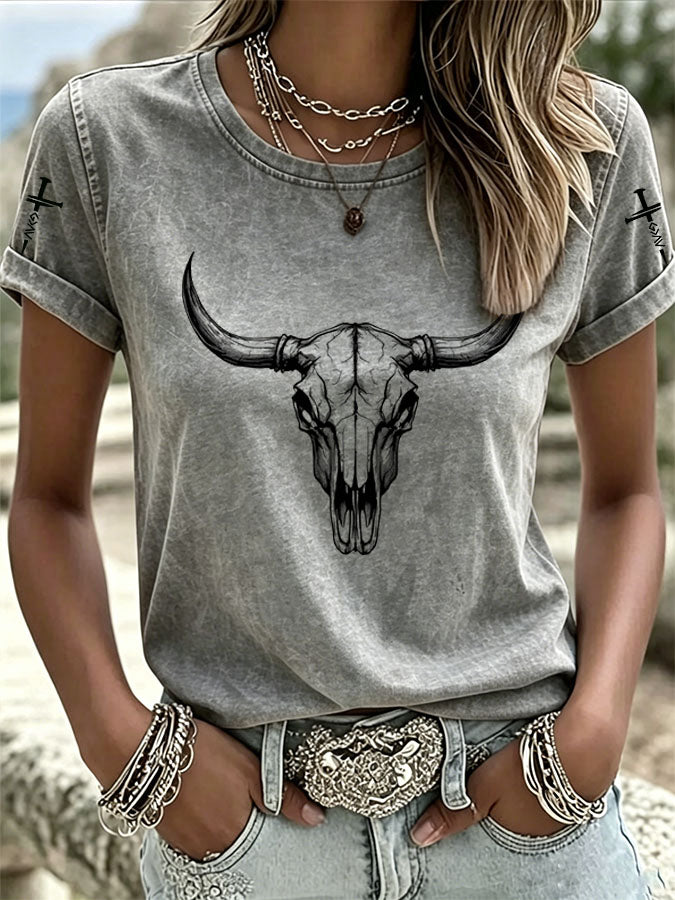 Camiseta casual de mujer western americana con cruz