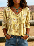 Women's Western Floral Print Faux-Linen Top