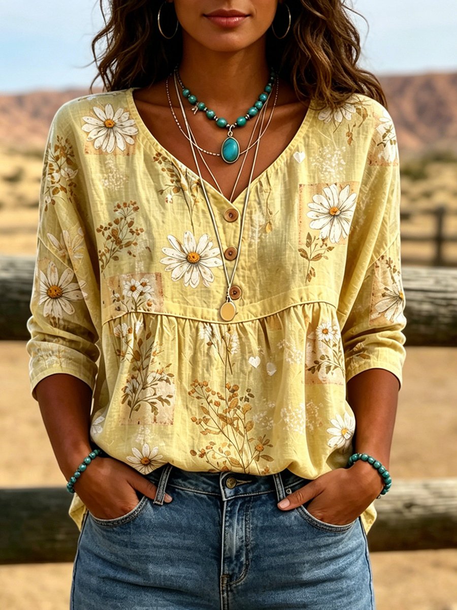 Women's Western Floral Print Faux-Linen Top