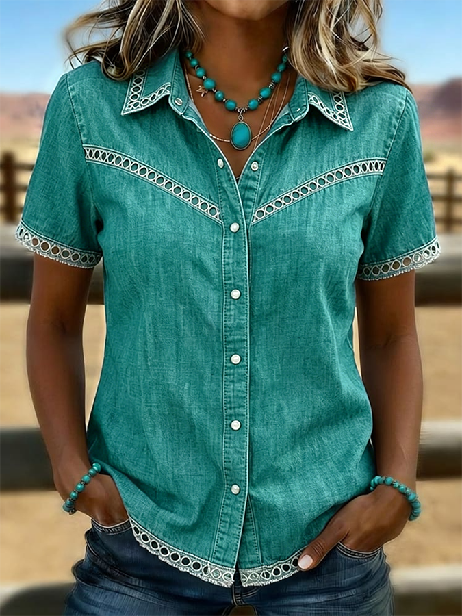 Camisa vaquera informal de color liso, estilo western retro y con detalles calados para mujer