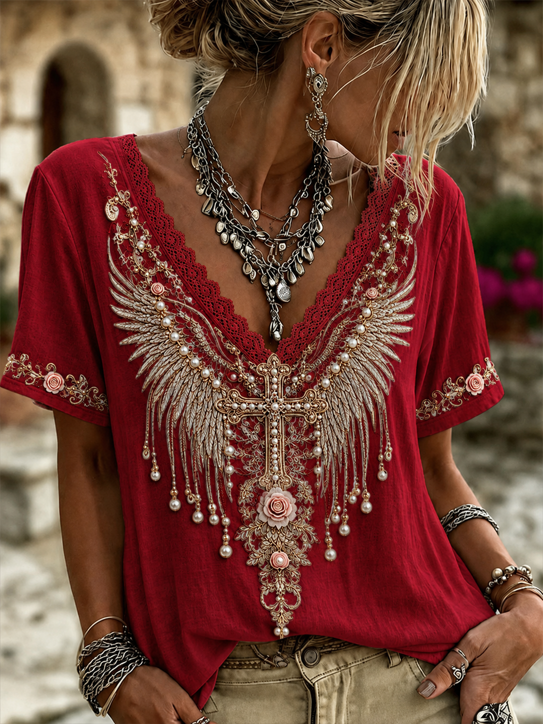 Camiseta de manga corta con cuello en V para mujer, de algodón y lino, con cruz, flores blancas y diseño de fe