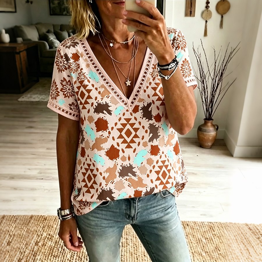 Women's Boho Aztec Print V Neck Lace Trim Casual Short Sleeve Top