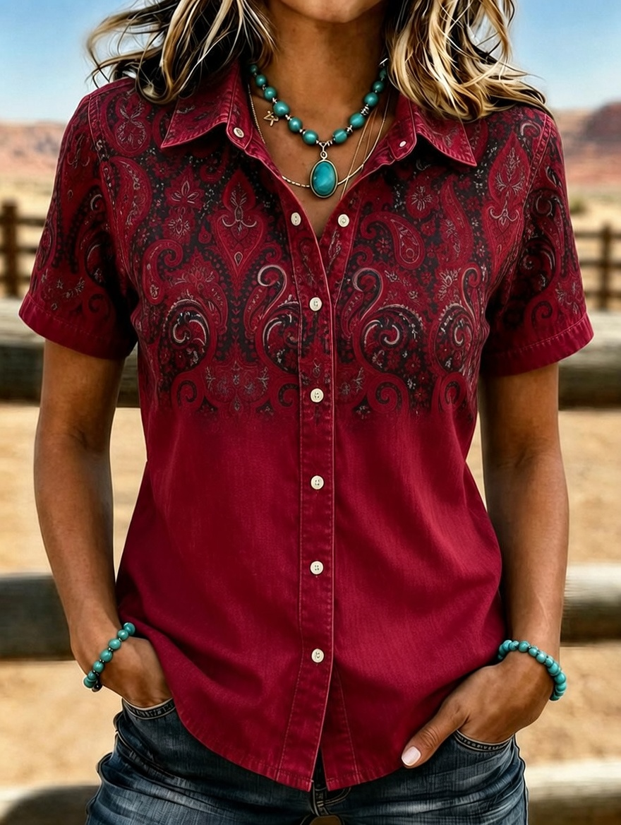 Westernhemd für Damen mit kurzen Ärmeln und Paisley-Ombré-Muster in Türkis