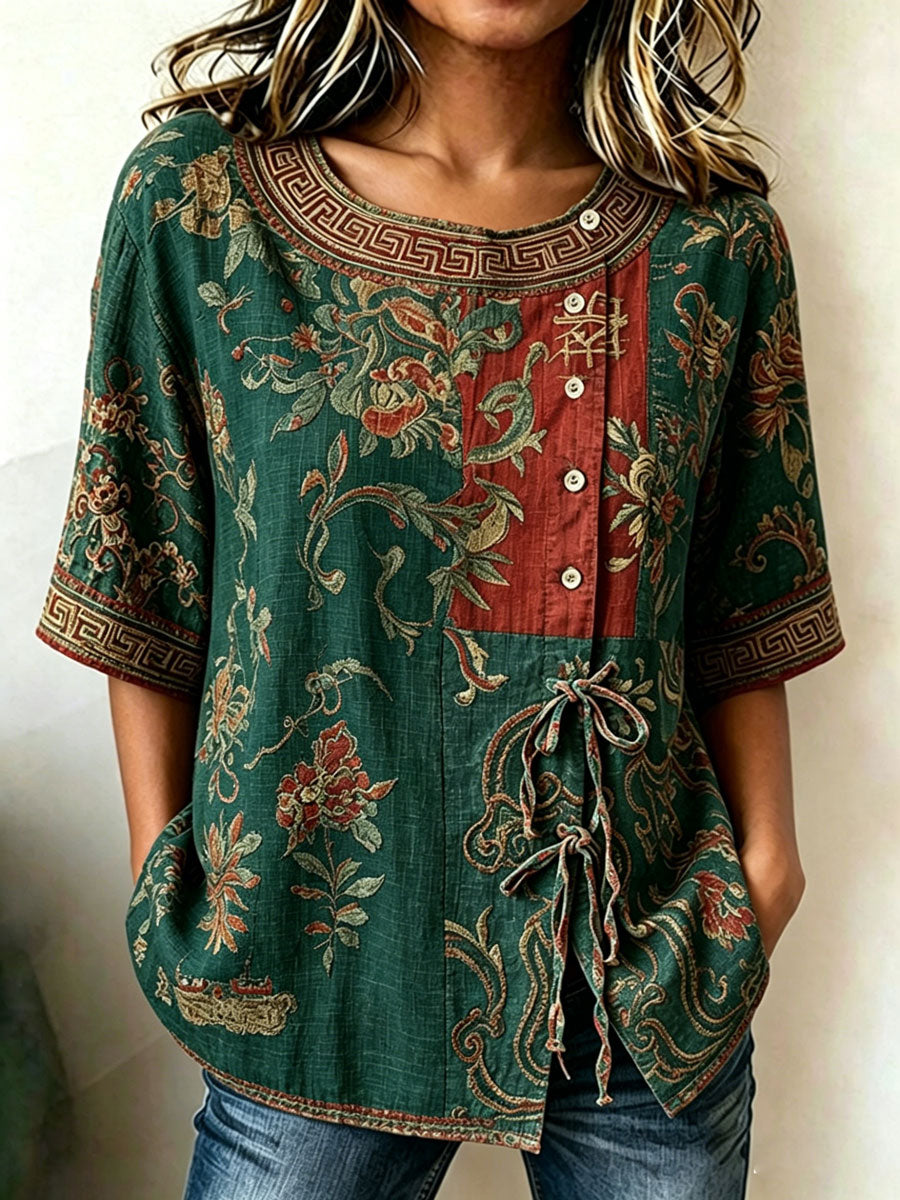 Top casual estampado de algodón y lino para mujer