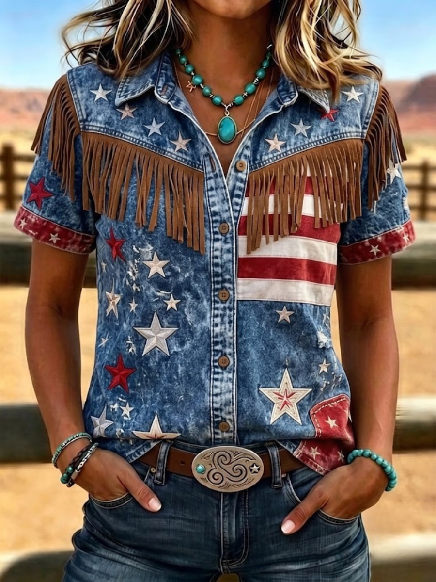 Women'S Retro Western Style Patriotic Printed Short Sleeved Shirt