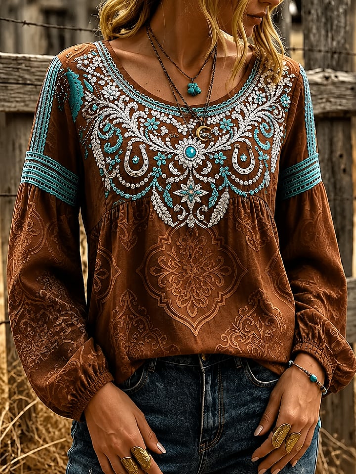 Women's Vintage-Style Western Print Top