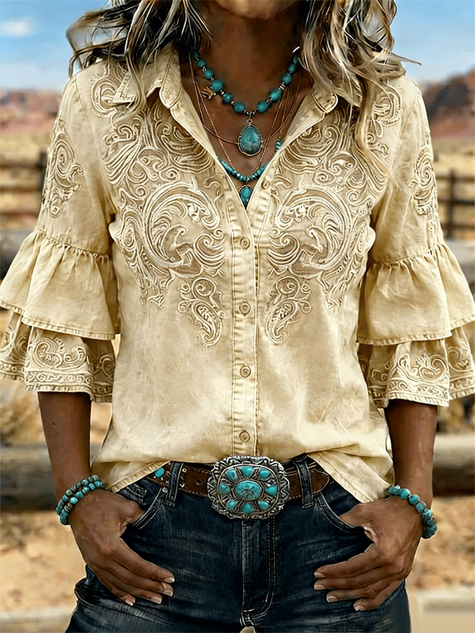 Camisa casual vintage de mujer con estampado floral, volantes y solapa