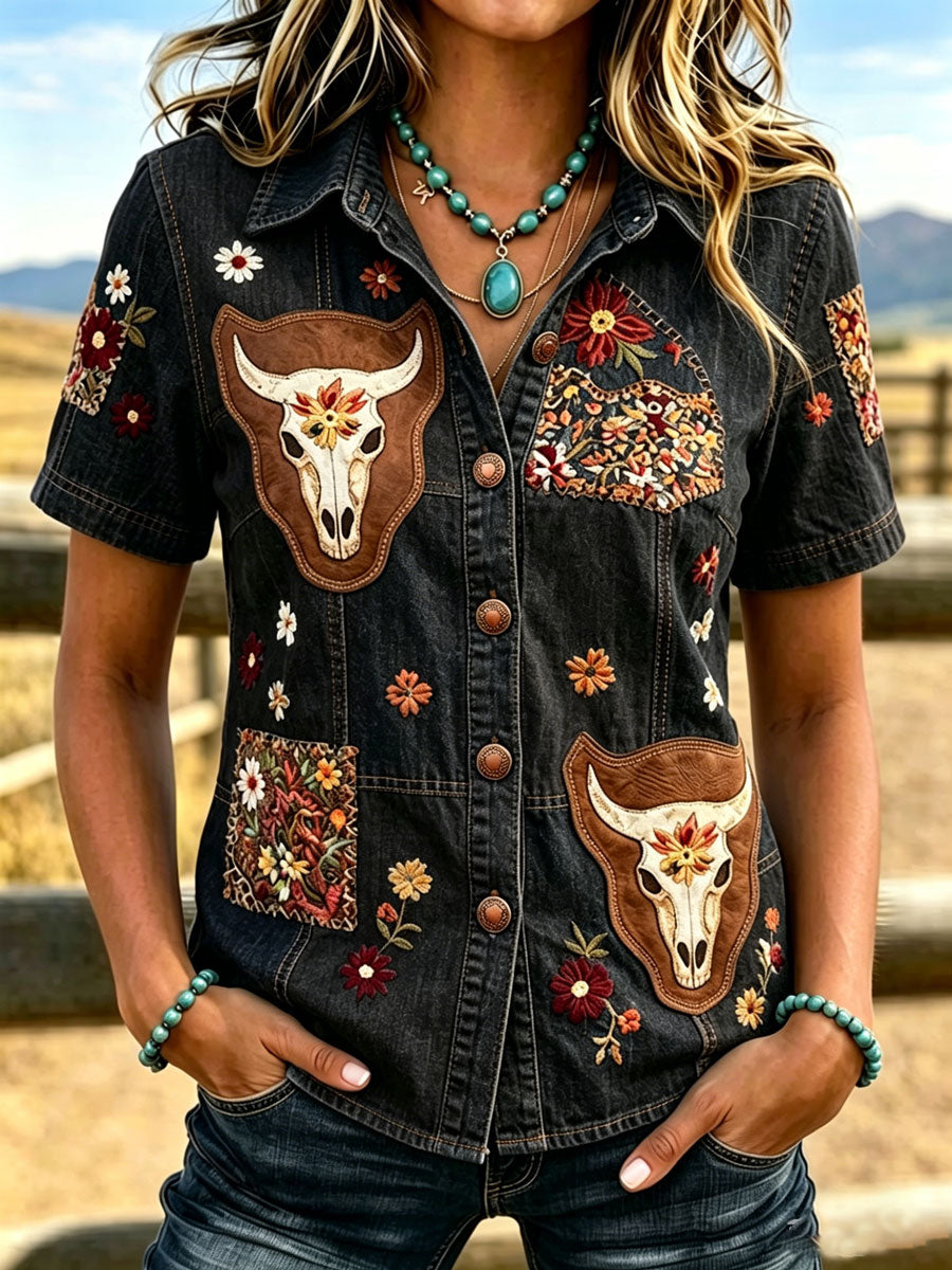 Camisa de mujer de estilo vaquero con estampado floral retro de animales
