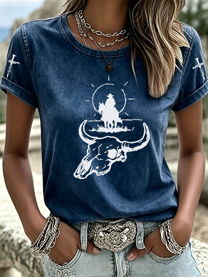 Camiseta casual de mujer de estilo vaquero con «American Love Jesus» y cuello redondo