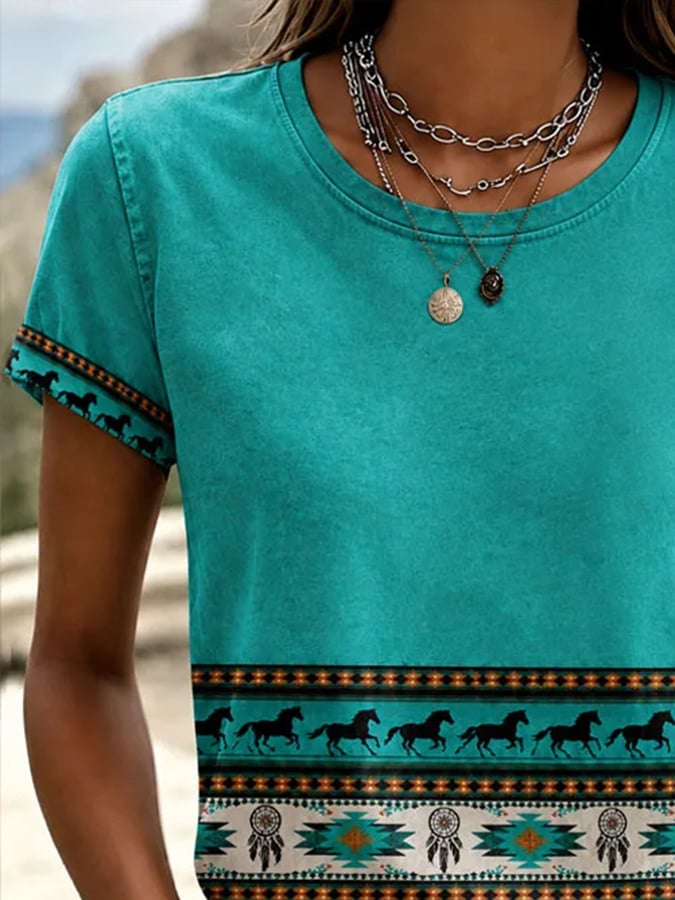 Women's Western-Style Vintage Print Crew-Neck T-Shirt