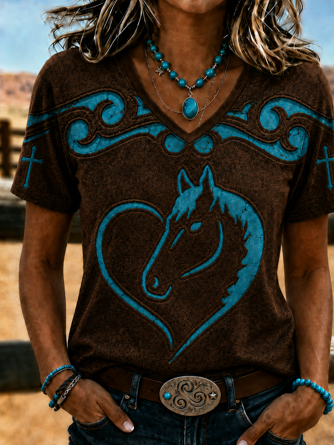Women'S Retro Western Style Faith Printed V-Neck T-Shirt