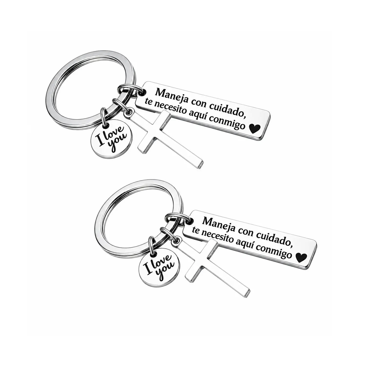 Maneja Con Cuidado Drive Safe Keychain with Cross & I Love You Charm