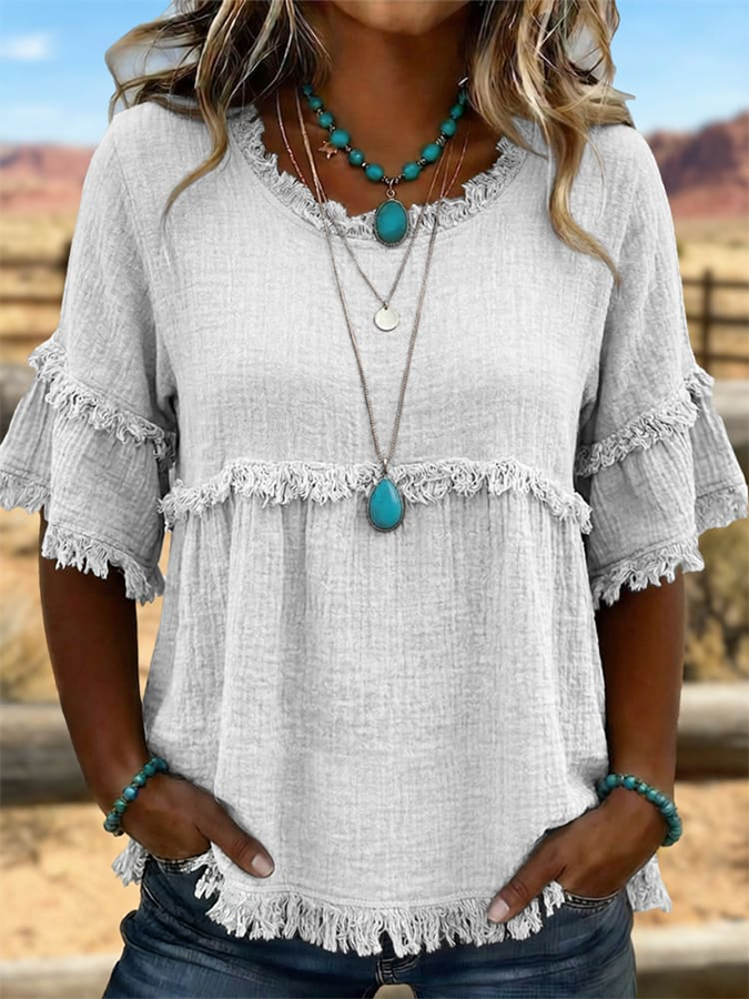 Camisa casual de algodón y lino con flecos y diseño artístico retro de estilo western para mujer
