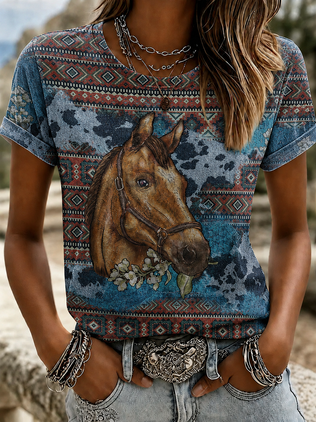 Camiseta informal retro de estilo western con estampado de caballo para mujer