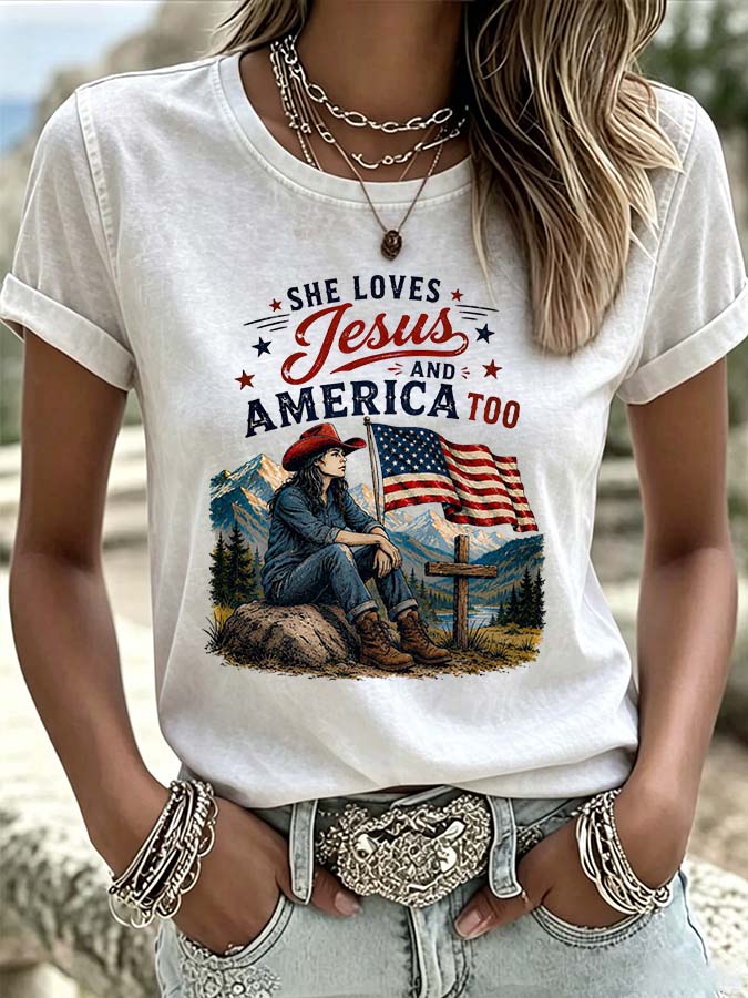 T-Shirt Décontracté Femme Col Rond Style Western Américain Drapeau Américain J'aime Jésus