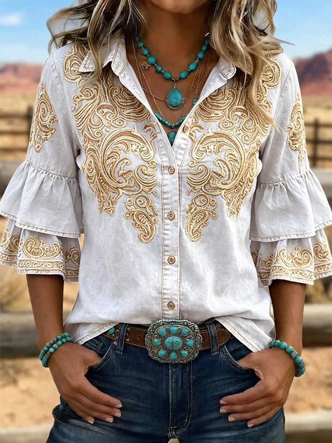 Camisa casual vintage de mujer con estampado floral, volantes y solapa