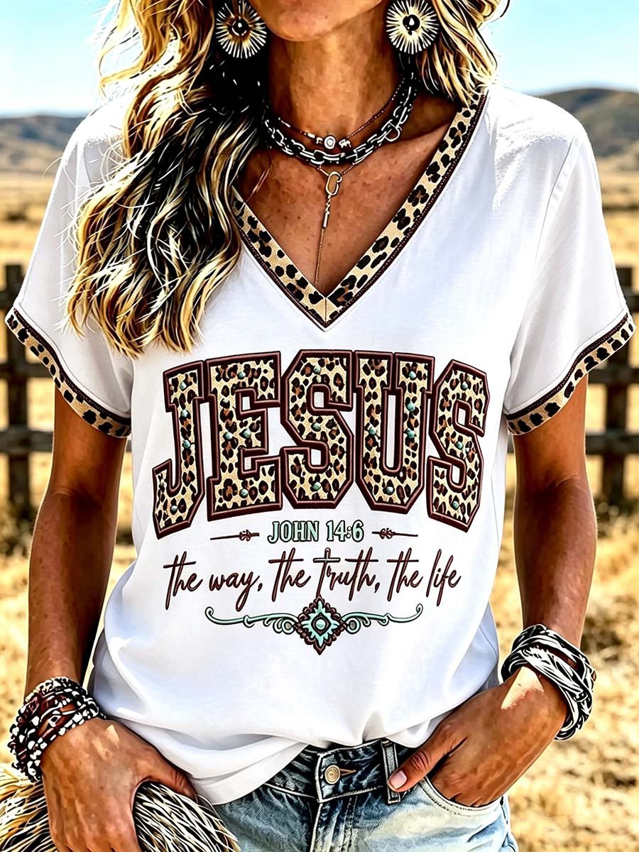 Camiseta de manga corta con cuello en V y hombros descubiertos para mujer, estampada con «El camino, la verdad y la vida»