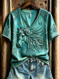 Women's Western Ethnic Style Feather Horse Print Short-Sleeve Top