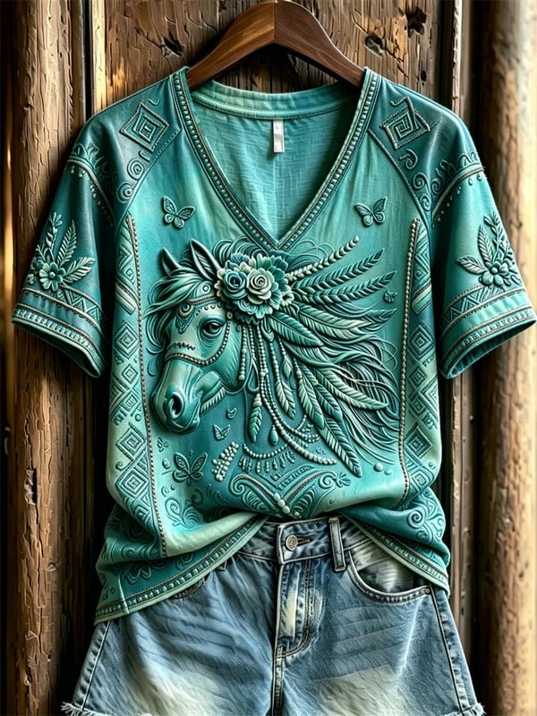 Women's Western Ethnic Style Feather Horse Print Short-Sleeve Top