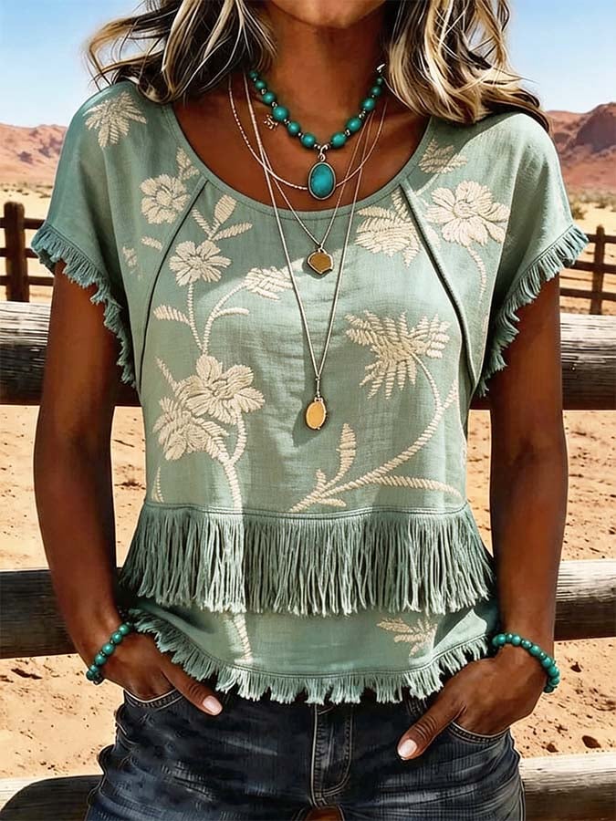 Women'S Casual Tassel Patchwork Printed Top
