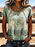 Women'S Casual Tassel Patchwork Printed Top