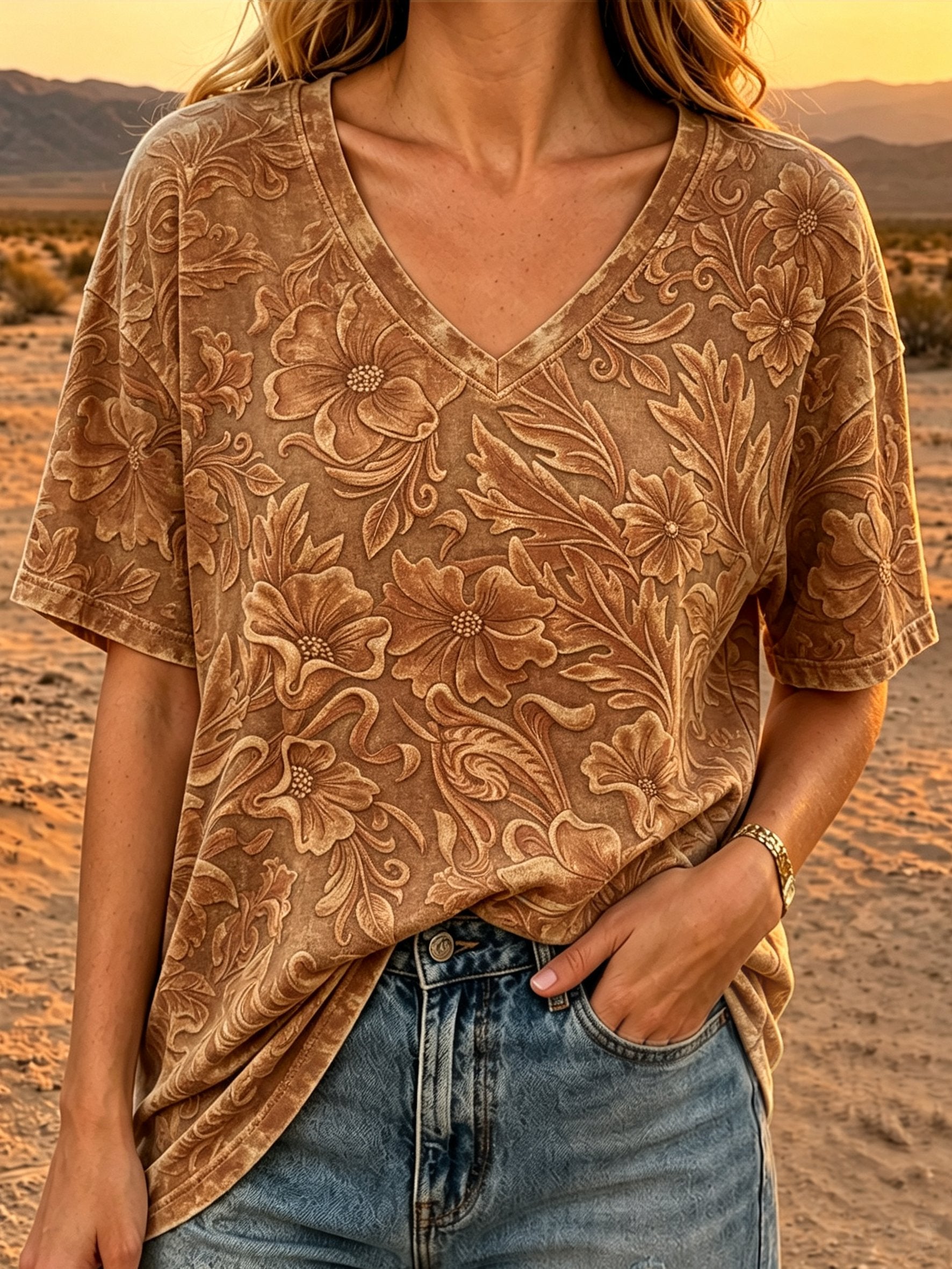 Women's Retro Western Print V-Neck Top
