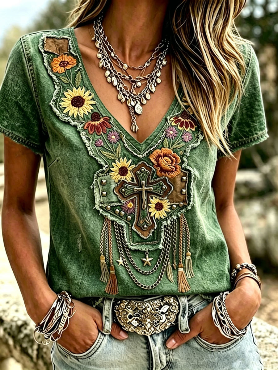 Camiseta informal de estilo western retro y de fe para mujer