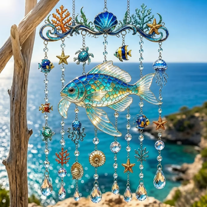 🔥🐋🐢🐬Carillon Éolien en Cristal Thème Océan â€?🌊Apportez la Lumière de l'Océan à Votre Jardin