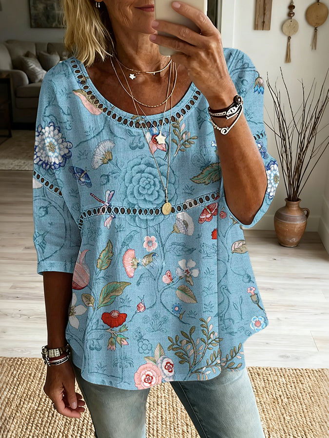 Top informal estampado con arte floral multicolor para mujer