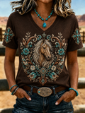 Women'S Retro Western Style Faith Printed V-Neck T-Shirt
