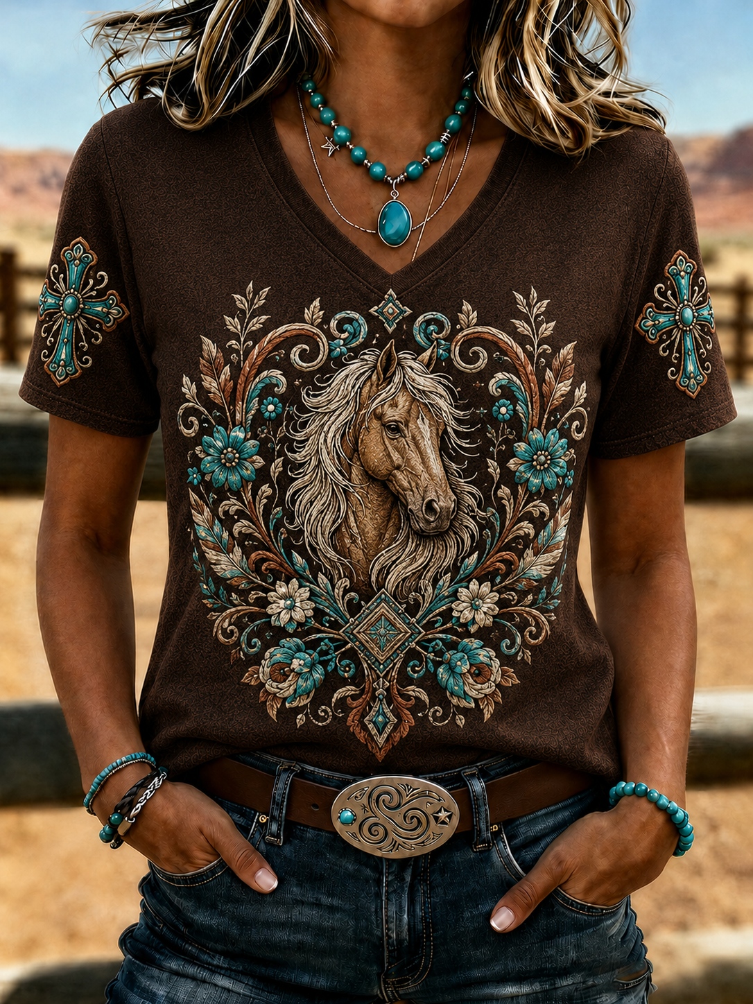Women'S Retro Western Style Faith Printed V-Neck T-Shirt