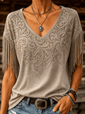 Women's Retro Western Paisley Print Tassel V-Neck Top