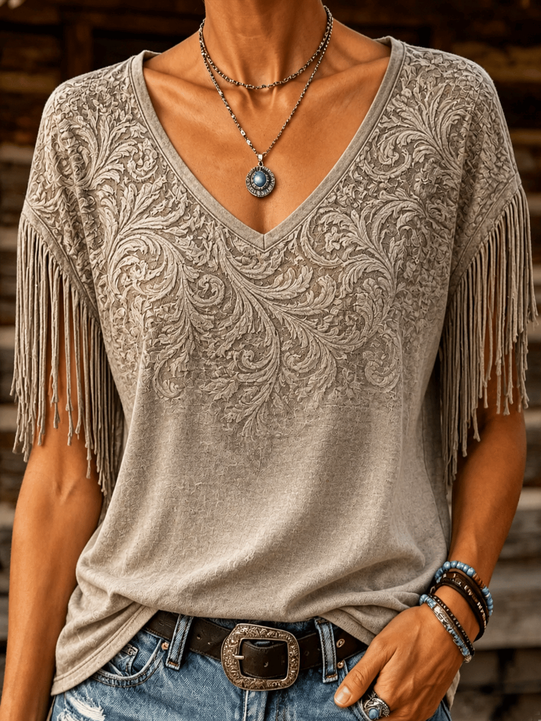 Women's Retro Western Paisley Print Tassel V-Neck Top